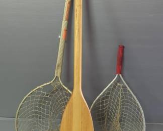 Fishing Nets, Qty 2, 22" And 36" Long, And Feather Brand Wood Oar