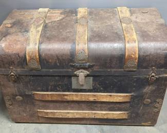Antique Trunk With Wood Bumpers And Tin Overlay, Lid Detatched