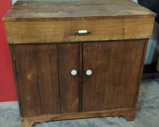 Antique Bar Cabinet With Hinged Top, Lower Storage, And Rotating Bottle Holder, 35" H x 34.5" W x 18" D