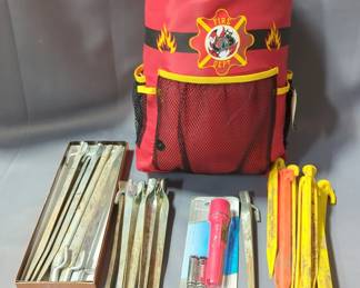 Fire Dept Youth Sleeping Bag In Backpack Bag With Flashlight, And Metal And Plastic Tent Stakes, Qty 25