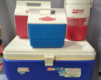 Igloo Legend 54 Cooler, Igloo Playmate And Little Playmate Coolers, And Coleman PolyLite 1 Jug
