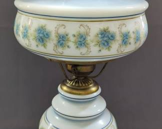 Vintage Hurricane Lamp With Floral Pattern, 21" High, Powers On