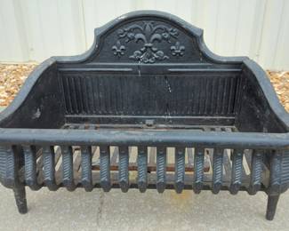 Antique 1800s Cast Iron Fireplace Grate Log Holder Insert, Fleur De Lis Design, 16.5" H x 23.5" W x 12" D