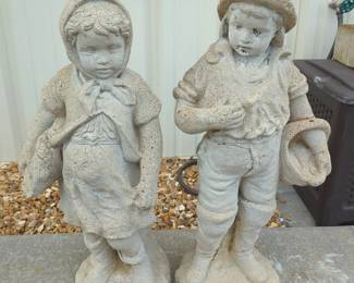Boy And Girl Holding Baskets Of Fish Concrete Statuettes, Approx 34" And 32" High