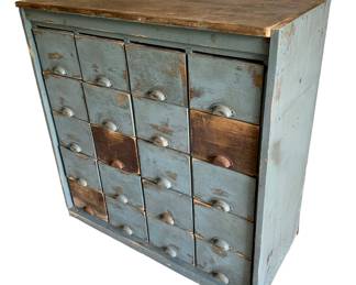 Fantastic vintage 20 drawer storm gray wood General Store cabinet: 39” x 40” tall x 18” deep