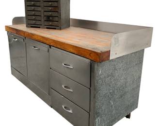 Gorgeous Mid Century era stainless steel work station/kitchen island/bar with 3” maple butcher block top: 72” x 30 1/2” deep x 36” tall