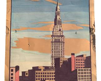 Original Hand Painted Art Deco downtown Cleveland Skyline Painting, artist signed. 