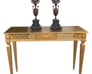 Opulent vintage Florentine Italian made gilded Hollywood Regency console Table & early bronze lapis inlaid Candelabra. 