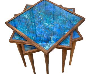 MCM 3 pc Stacking hardwood cocktail tables with painted and foiled glass tops: 15 3/4” x 15 3/4” x 15” tall