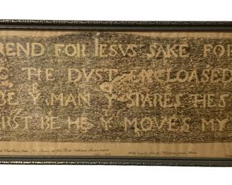 May 1944 dated Authentic William Shakespeare Grave Rubbing, framed: 36”.