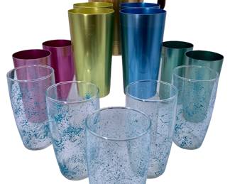 Mid Century West Bend Aluminum drinking cups & pitcher, 5 pc speckled textured aqua splatter glass tumblers. 