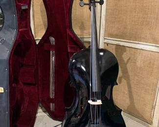 Large black lacquered Cello musical instrument with case