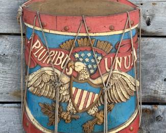 Large 1960s Patriotic Eagle carved composite 25” x 21” Drum shaped wall relief with rope detail 
