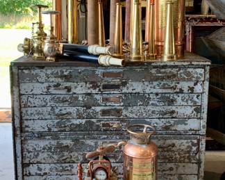 Outstanding antique to vintage Fireman collection including many assorted size brass nozzles, fire extinguishers and valves, FAB industrial 10 drawer map/document storage cabinet 