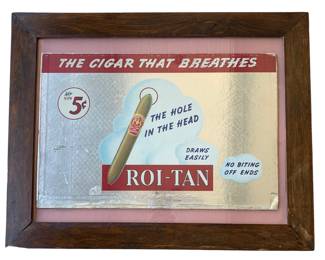 Vintage foiled 5 cent Rio-Tan Cigar advertising sign in a old oak frame 