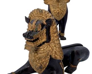 Pair of vintage Thai Bronze & Gilt Imperial Foo Dog Statues, 12” long x 8” tall (reclining), 12” tall (seated)