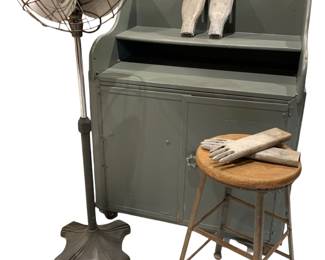 Storm gray metal & wood Industrial cabinet, cast metal glove mold pairs, early metal & wood stool, Art Deco adjustable height Emerson Electric Industrial floor Fan 