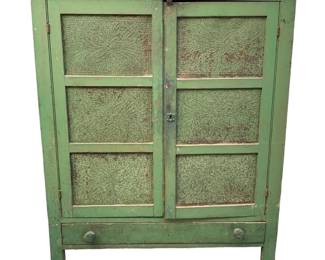 Fantastic antique primitive farmhouse punched tin moss green piesafe cupboard with storage drawer.