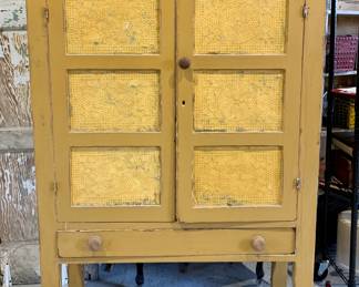 Primitive Antique mustard yellow punched tin piesafe cupboard with storage drawer 