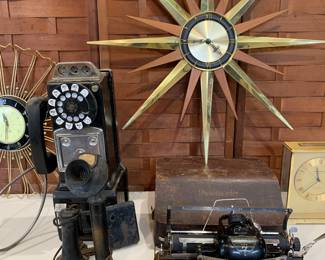 Antique Blickensderfer Portable Typewriter, Western Electric Co. Candlestick phone, vintage cast iron coin operated telephone, working MCM wall clocks 