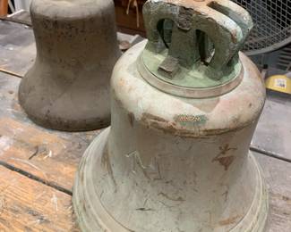 2 Antique  brass/bronze Firetruck/Ship/Railroad bells: 11 3/4” x 11” and 12.5” x 13” - the larger has the clapper 