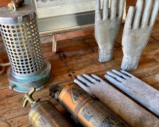 Early brass Fireman Hose pond pump  filter with rope  (a Fab repurposed pendant lamp), PA Firehouse Fireman framed photograph, early fire extinguishers, industrial cast metal glove molds