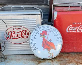 Early Railroad and mining lanterns, Mid Century Pepsi Cola & Coca-Cola Coolers, working Ohio Jumbo Dial Thermometer 