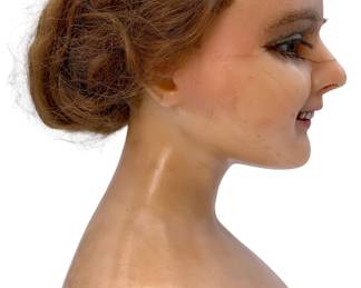 Lovely Antique Wax Mannequin Head with Porcelain teeth, Gray Blue Glass eyes, Human hair, old superficial horizontal hairline in the wax 