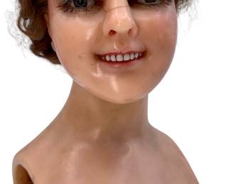 Antique Wax mannequin head with Porcelain teeth, Gray Blue Glass eyes, Human hair