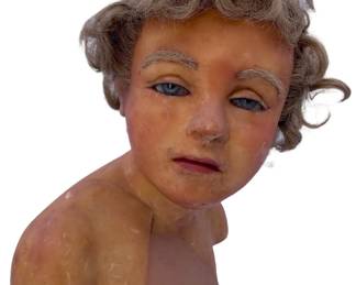 Rare young boy Wax bust, blue glass eyes, human hair, an old repair to the wax chest