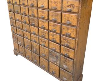 Fantastic 49 Drawer Antique Square Nail Dry Goods General Store Apothecary wooden multi in a warm mustard hue, perfectly sized at 41” tall x 47” x 10” deep, Folk Art drawer repairs with some old cigar box panels.