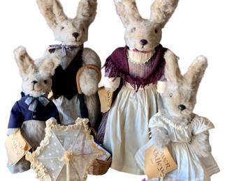 1980s Beaver Valley Handmade Articulated Jackrabbit Family, signed and numbered, each limited to a 200pc edition, large 32” to 24” sizing, baskets, parasol and walking stick accessories : including Alexander, Olivia, Tess and William