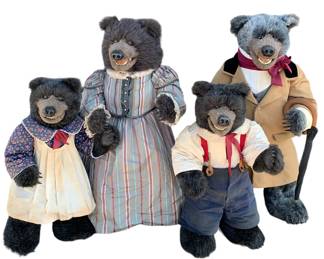 Fantastic Large Articulated Handmade 1980s Quality crafted Beaver Valley Teddy Bears. Signed and Numbered, each a limited 200 pc edition, custom garments and a umbrella for Frances, moving heads/jaws/arms/legs, 33” tall to 24”: Frances #21, Hallie #8,, Merriweather #35 & Jed #31.
