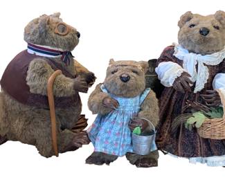 California Beaver Valley c1980s handcrafted Beaver family with articulated heads and limbs, wired leather hands, tails and feet, custom garments and accessories, large 23” tall x 24” (with tail) to 16” tall sizing: Henning 63/200, Adelaide 26/200, Amy 24/200