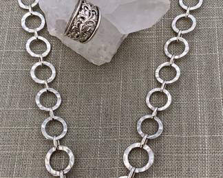 C. Krypell hinged Sterling Silver bangle & Sterling ring, luxe Sterling & Gold hammered necklace 