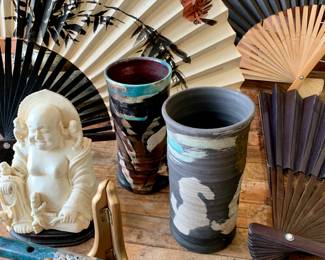 Mid Century 28” x 19” Chinese hand painted folding wall fans, carved Jade flute, handmade artisan pottery & altar Buddha 