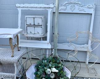 Victorian era dresser mirror framing, vintage medical/institution coat rack, mid century Moroccan wire stand, large linen lined basket, Art Deco cast iron bench with linen slipcover 