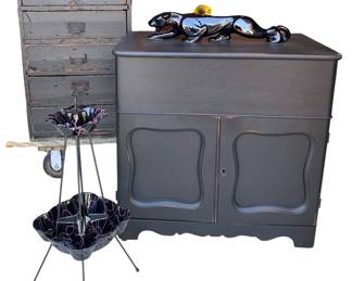 Raven black Antique Apothecary shop cabinet, MCM Hull pottery tiered ashtray, MCM pottery Panther lamp & early Pioneer wooden Mule Chest 