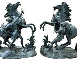 Fantastic pair of 19” tall Vintage cast metal French Marly Horse Sculptures 