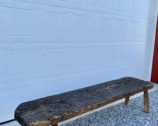 Early Primitive Antique Rustic Farmhouse Bench/Coffee Table: 92” x 23” x 22”.