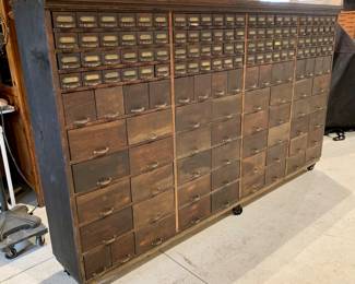 c1912 Sensational 153 Drawer Apothecary Shop, General Store, Storage Cabinet on Casters : 8’ 4” long x 59 1/2” tall x 15” deep