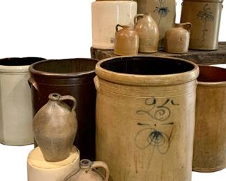 Diverse selection of Primitive antique to vintage Stoneware Farmhouse Jugs and Crocks 