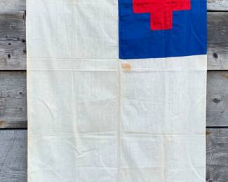 WWII era Large 51” x 33” White, Blue with a Red Cross emblem Wartime Flag 
