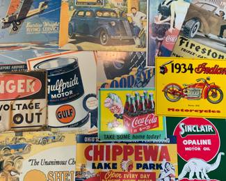 Vintage metal advertising signs, a few Porcelain, some Embossed.