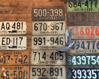 Antique to Vintage Ohio Automobile License Plates & Swan Radiator Cap Hood Emblem.