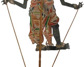 Balinese/Indonesian, 24” tall hand cut and painted Leather Shadow Puppet with wood base. 
