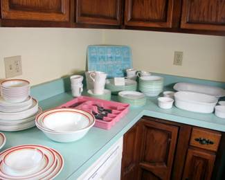 75 pcs. Corelle Shadow Iris Dishes, 65 pcs. Corelle Cinnamon Chestnut Dishes