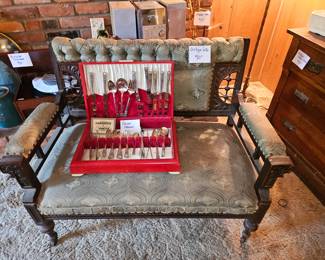 $80 Antique Setee. SOLD- Onieda Stainless flatware, in groovy red box
