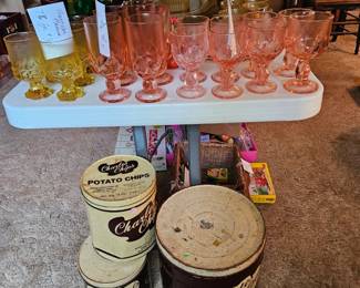 Vintage Libby Glassware, Charle's Pretzel & chip cans