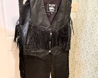Silver Bike Black Leather Fringed Vest and Chaps